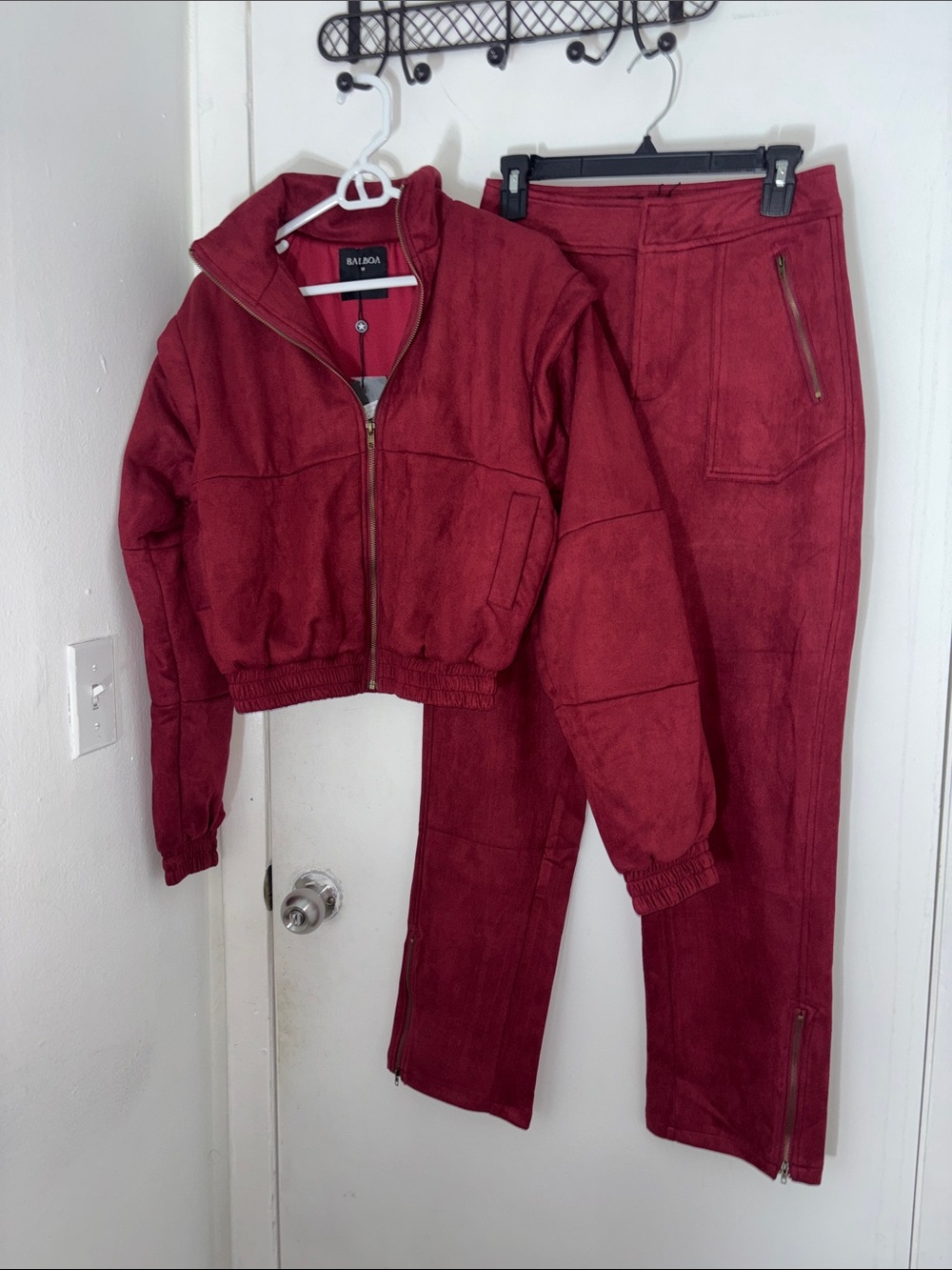 BALBOA Women's Burgundy Suede-Look Bomber Jacket & Pants Set